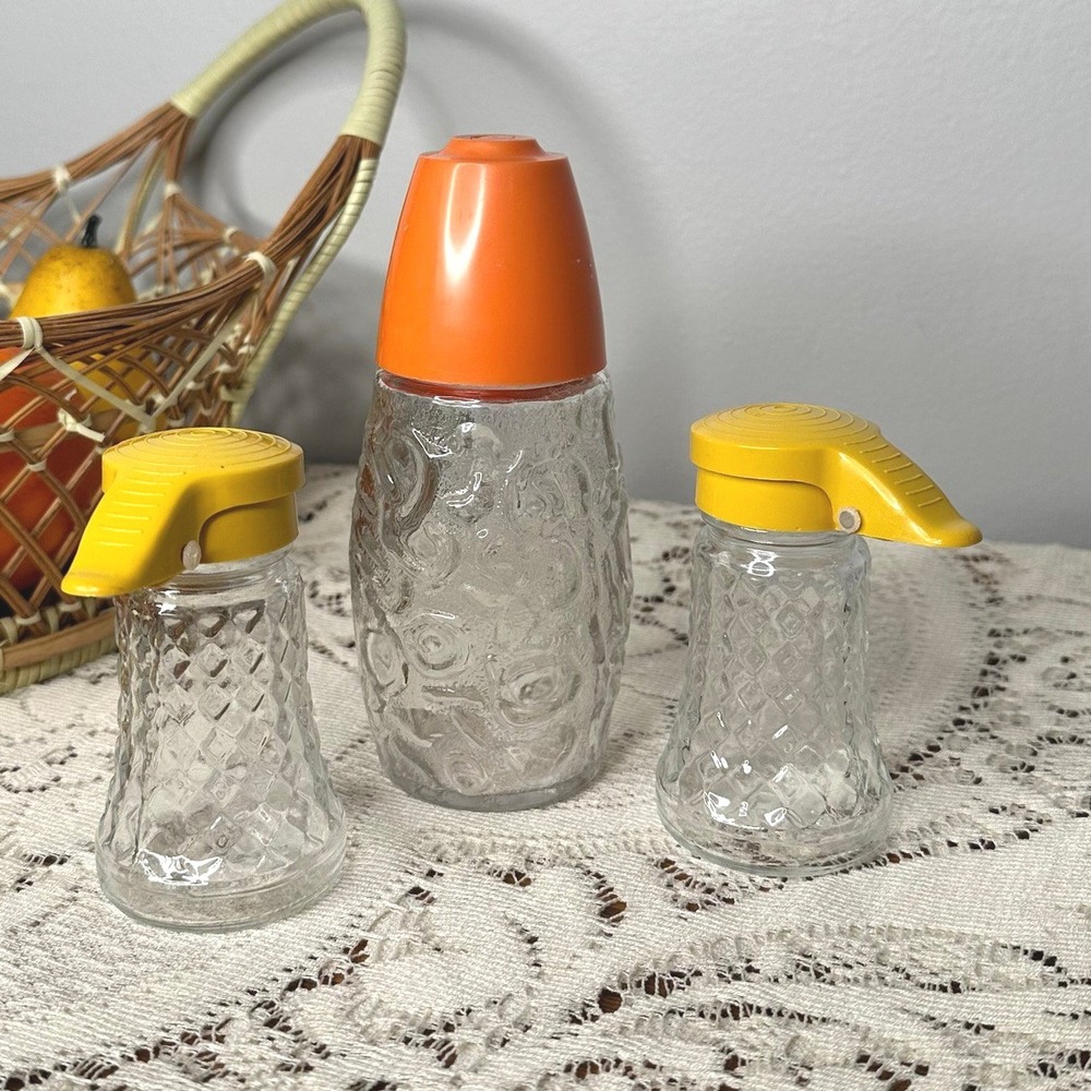 Lot of 3 MCM Vintage Dining Retro Sugar Shake Glass Flip Salt Pepper Shakers